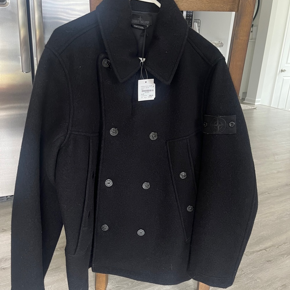 Black Double-Breasted Wool Pea Coat with Wide Collar